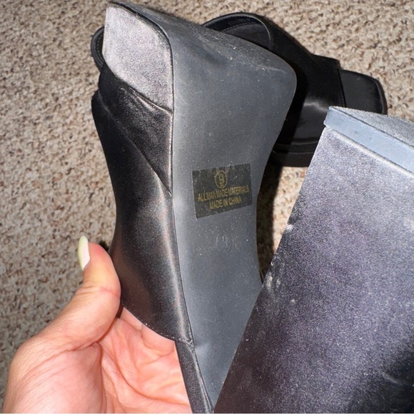 Platform Chunky Satin Black Mules Heels 9 - Picture 6 of 9